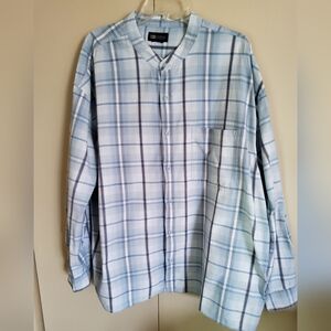 M2 FADED Glory Blue Plaid Men's Button Up Shirt w Band Collar & Long Sleeves